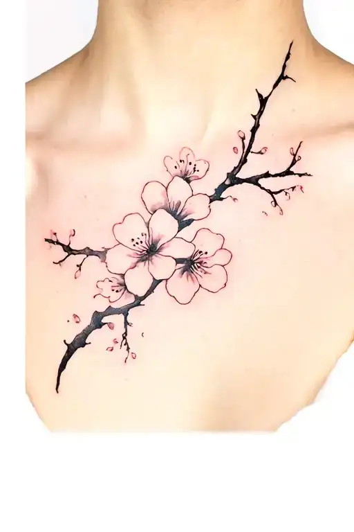 A fine-line, realistic cherry blossom tattoo placed centrally between the collarbones. The blossom has delicate black in tattoo design idea
