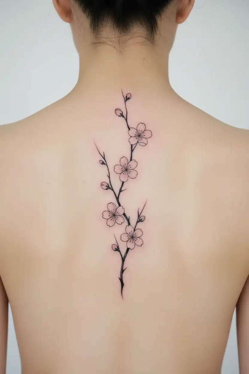 A fine-line, realistic cherry blossom tattoo placed centrally between the collarbones. The blossom has delicate black in tattoo design idea