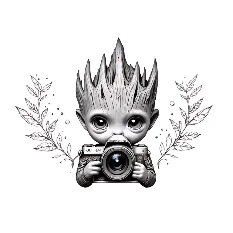 baby groot and camera surrounded tattoo design idea