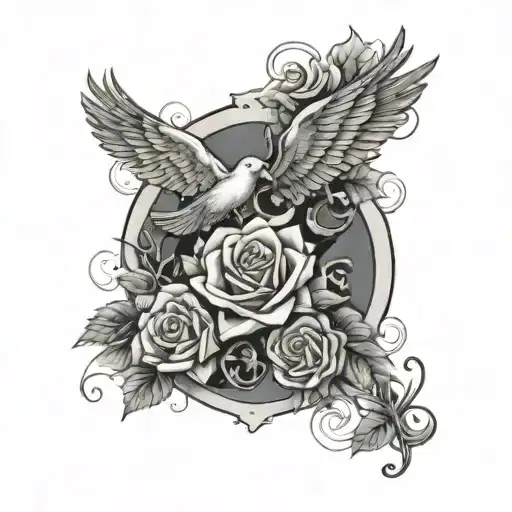 half sleeve with the 4 aces cards at the top, roman numerals and a dove bird to the side. a chinese character and a rose tattoo design idea