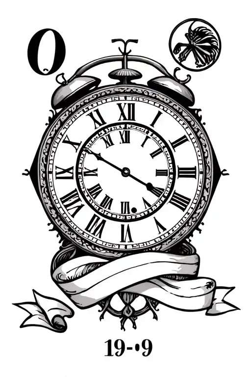 clock, zodiac sign virgo symbol above the clock, zodiac sign cancer symbol above the clock, ribbon with date 19-09 below d tattoo design idea