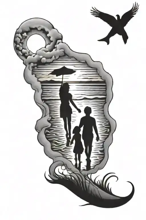 beach, sunset, family holding hands tattoo design idea
