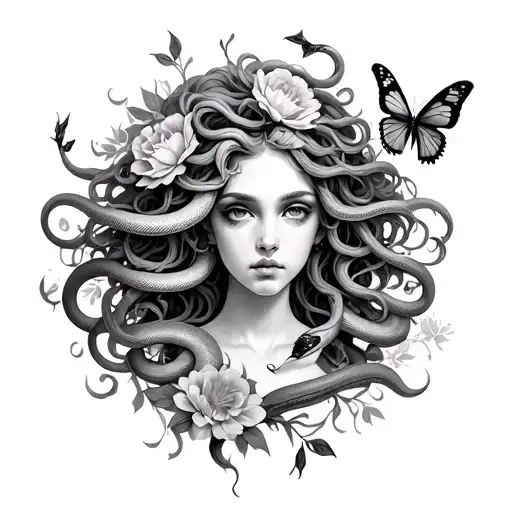 medusa with snakes, flowers and butterflies flying tattoo design idea