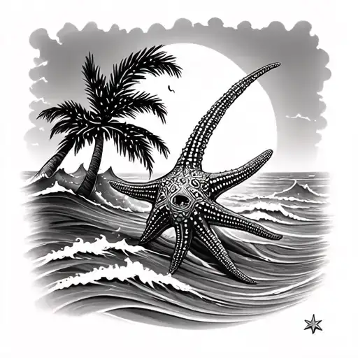 Palm Tree ocean waves star fish tattoo design idea
