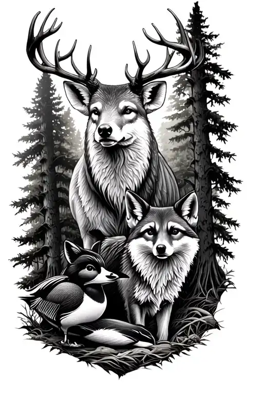 arm tattoo with a male deer, rusian boar,  red fox, surf scoter duck, raccoon and coyote in a forest tattoo design idea