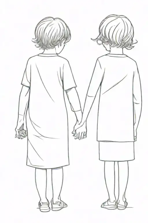 short haired little brother and big sister holding hands from behind tattoo design idea