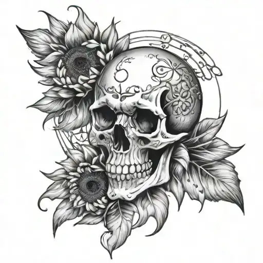 sunflower skull moon tattoo design idea