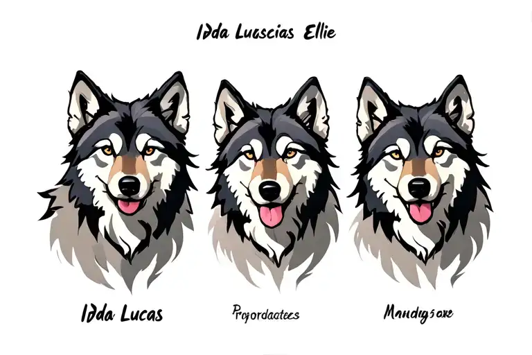Wolf family of three with names below Ida Lucas Ellie tattoo design idea