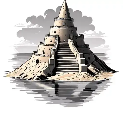 big sand castle with stairs on pile of sand with calm water tattoo design idea