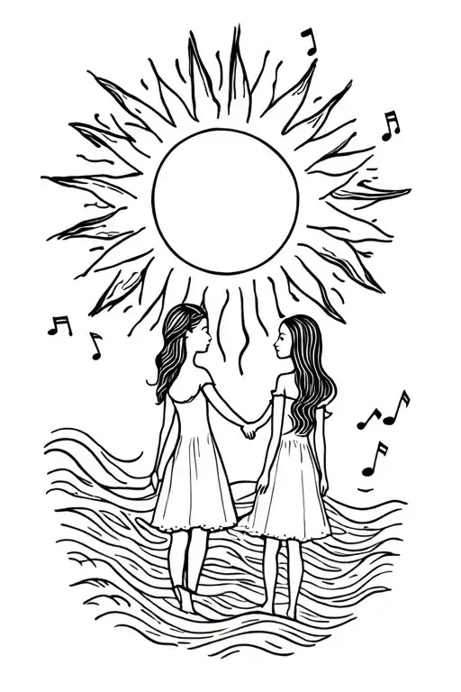 Turn my daughters drawing into a tattoo. With the sun, waves, music notes and two daughters hold hands facing away tattoo design idea