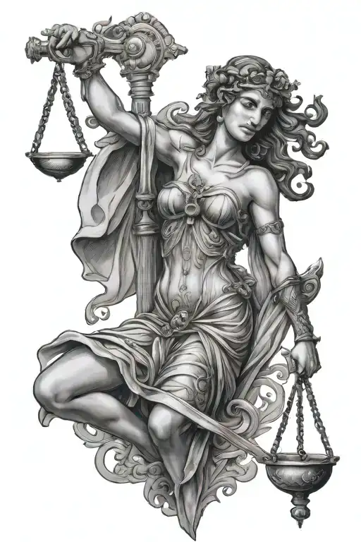Justitia roman goddess holding a sword and a libra tattoo design idea