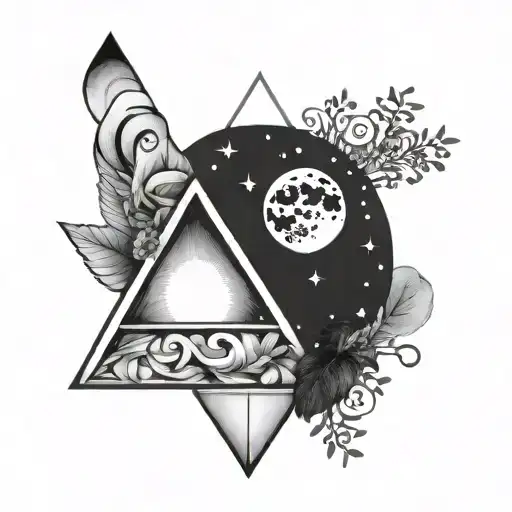 triangle outline intertwined, infinity, moon, wave, solar system, olive branch, the word Amor tattoo design idea