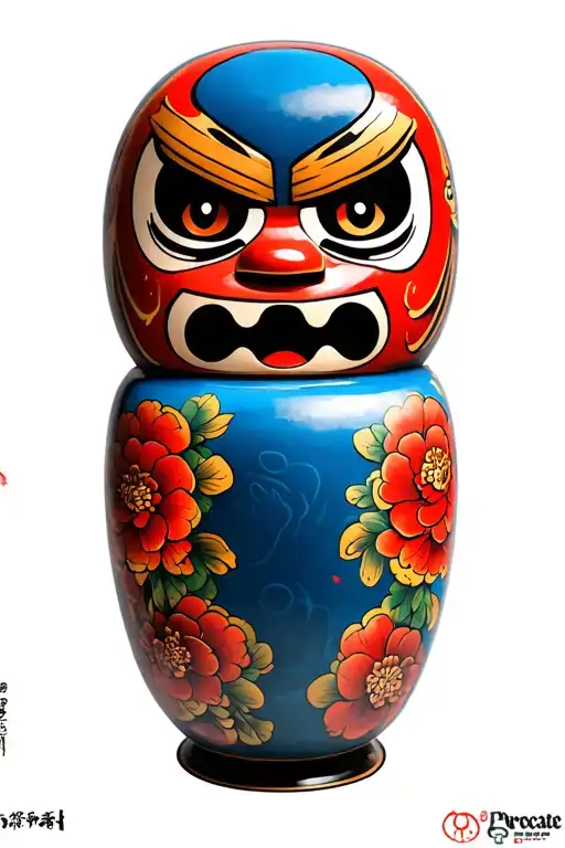 Create a realistic portrait of a Daruma doll surrounded by Japanese graffiti art tattoo design idea
