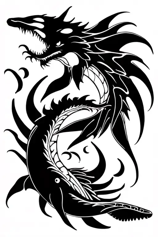 dragon and orca whale swimming gracefully tattoo design idea