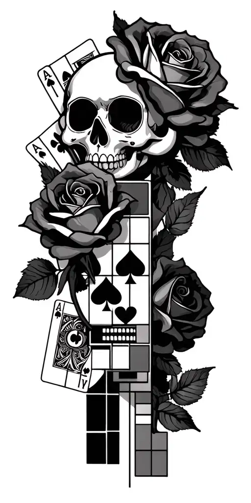 create me a tattoo with piano tiles, roses and a sugar skull and playing cards  tattoo design idea