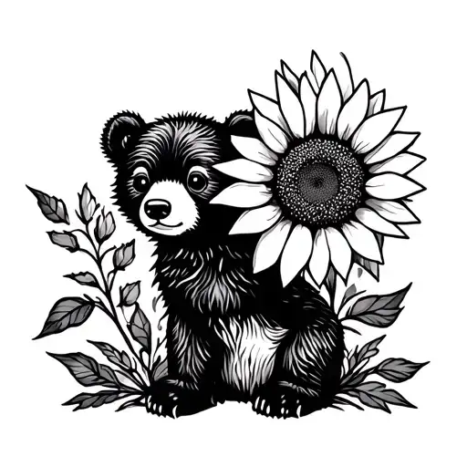 cute bear cub and sunflower tattoo design idea