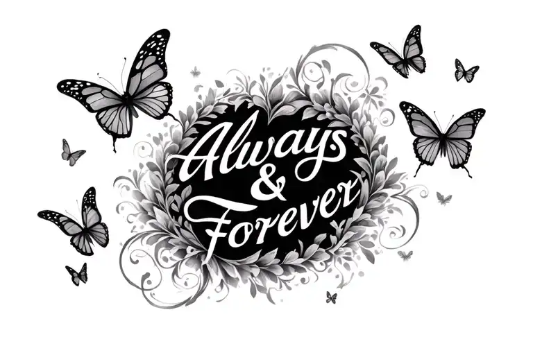 writing saying " Always & Forever" with butterflies around tattoo design idea