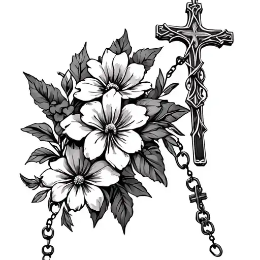 crosses flowers wrapped around rosary  tattoo design idea