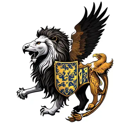 Lion, hawk and unicorn heraldic shield tattoo design idea