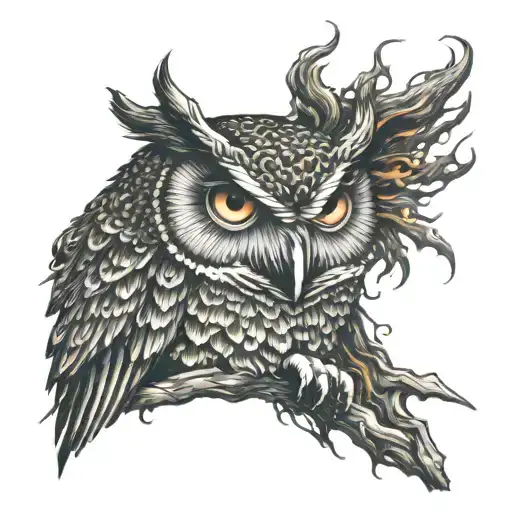 owl perched burning eyes tattoo design idea