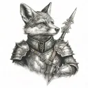 anthropomorphic fox in a suit of armour. include appealing extra details. black and grey tattoo. tattoo design idea