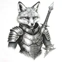 anthropomorphic fox in a suit of armour. include appealing extra details. black and grey tattoo. tattoo design idea
