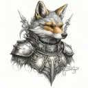 anthropomorphic fox in a suit of armour. include appealing extra details. black and grey tattoo. tattoo design idea