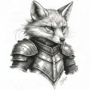 anthropomorphic fox in a suit of armour. include appealing extra details. black and grey tattoo. tattoo design idea