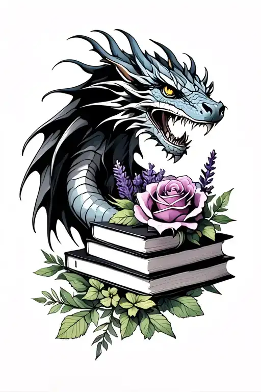 dragon, books, rose, sage, lavender, thyme, and mint tattoo design idea