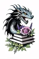 dragon, books, rose, sage, lavender, thyme, and mint tattoo design idea