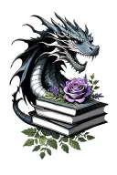 dragon, books, rose, sage, lavender, thyme, and mint tattoo design idea