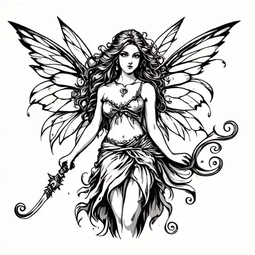 tattoo that represents fairy fae woman who is a warrior with swirls and wings tattoo design idea