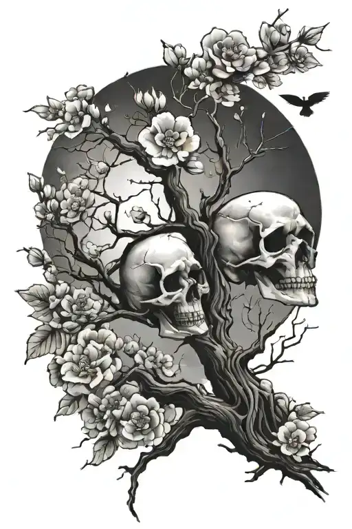 cherry blossom tree with moon, some roses and crows, with skull and some shadows tattoo design idea