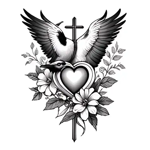 cross with bird heart and flower tattoo design idea
