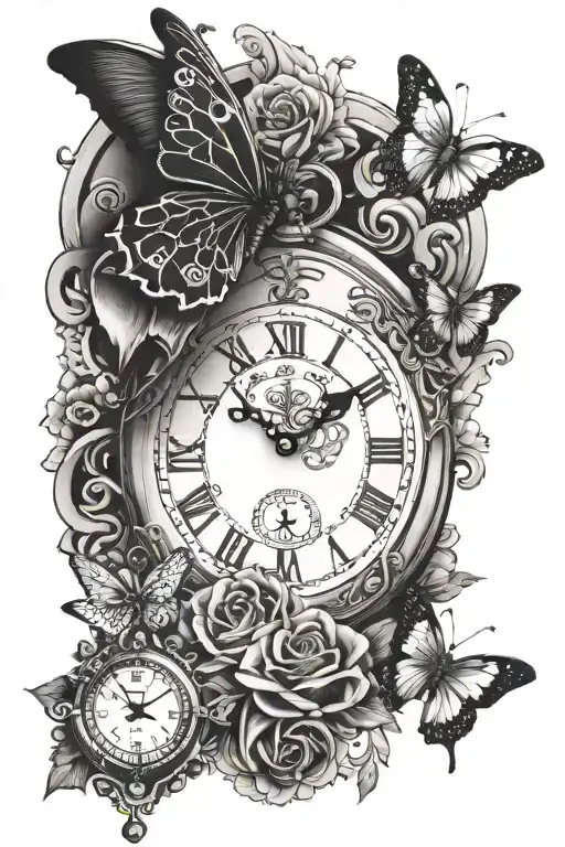pocket watch,  queen of hearts card, butterflies, half sleeve tattoo design idea