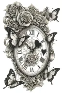 pocket watch,  queen of hearts card, butterflies, half sleeve tattoo design idea