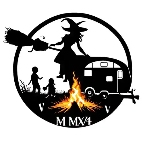 "IV V MMXIV" silhouette of busty sexy witch bride on broomstick over a campsite with a trailer and campfire with children & dog tattoo design idea