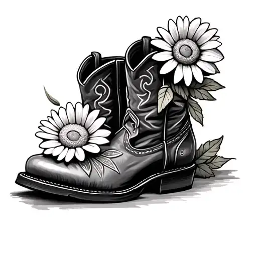 daisy flower and lola rose growing from a cowboy boot tattoo design idea