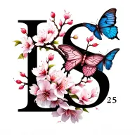 create a minimalist tattoo with  hidden letter "L" and "S" and "25" cherry blossom and butterfly tattoo design idea