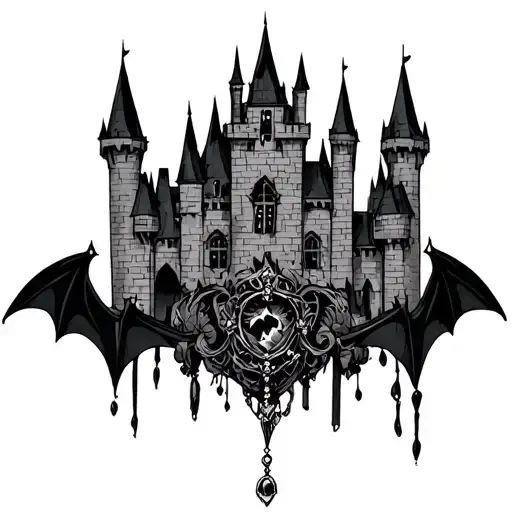 castlevania castle for sternum but feminine with bats and jewellery tattoo design idea