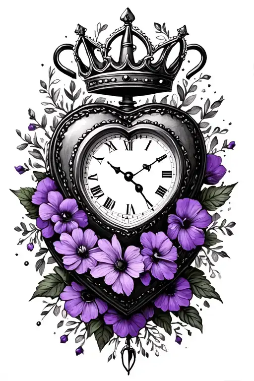 heart shaped clock with purple flowers, a padlock and a crown tattoo design idea