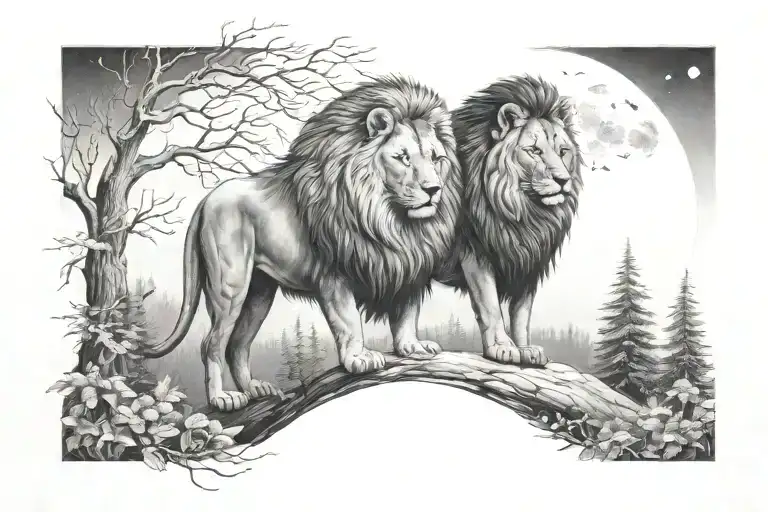 lion and wolf facing moody forest pathway to moon tattoo design idea