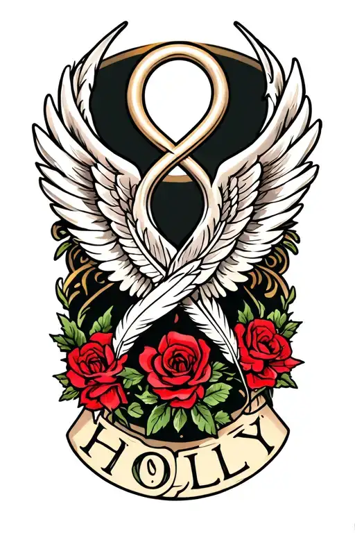 feathers with infinity symbol with angel wings and the name Holly 03/10/1999 tattoo design idea