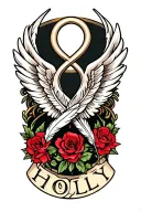 feathers with infinity symbol with angel wings and the name Holly 03/10/1999 tattoo design idea