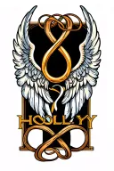feathers with infinity symbol with angel wings and the name Holly 03/10/1999 tattoo design idea