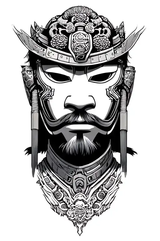samura warrior and mask and japanese culture and scenery. mix in robotics and machines for ultimate toughness. tattoo design idea