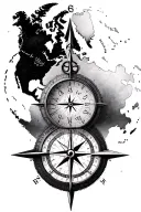 world map clock face compass rose tattoo design idea