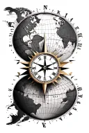 world map clock face compass rose tattoo design idea