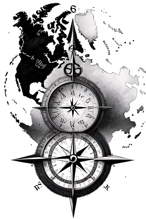 world map clock face compass rose tattoo design idea
