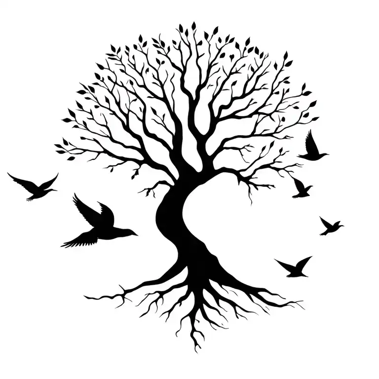 Male tattoo, a tree of life on the shoulder. The left side of the crown of a tree without leaves, schematic birds p is flying away from this side tattoo design idea